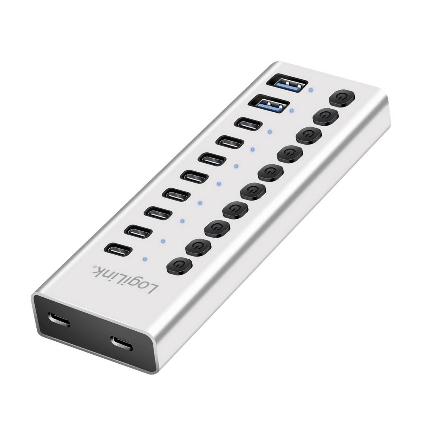 LogiLink UA0448 USB 3.2 Gen1 Hub met 10 poorten en kabel/adapter, USB type A en USB type C, aan/uit-schakelaar, aluminium