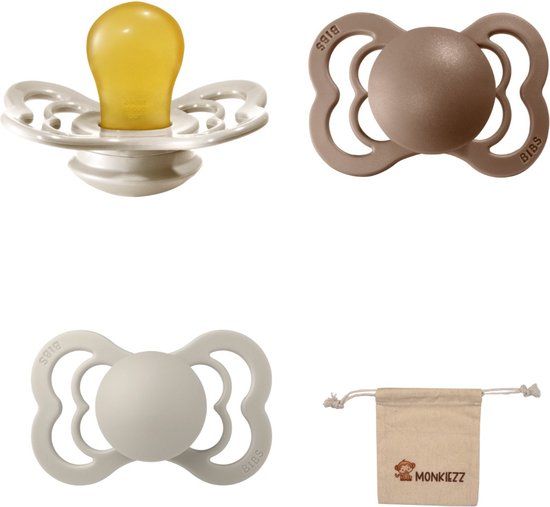 BIBS Supreme Fopspenen - Maat 1 (0-6 maanden) - Latex - 3 stuks - Vanilla/Sand/Dark Oak + Monkiezz speenzakje