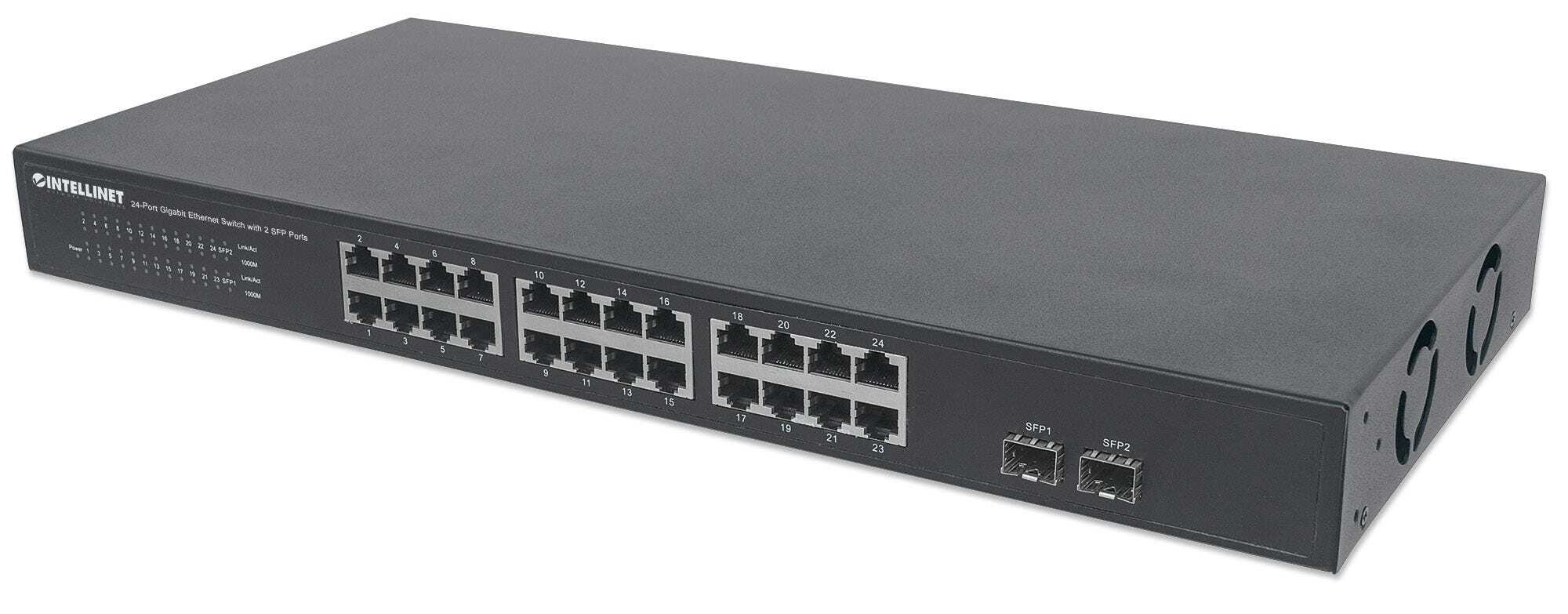 Intellinet 24-Port Gigabit Ethernet Switch with 2 SFP Ports, 24 x 10/100/1000 Mbps RJ45 Ports + 2 x SFP, IEEE 802.3az (Energy Efficient Ethernet), 19" Rackmount, Metal (Euro 2-pin plug)
