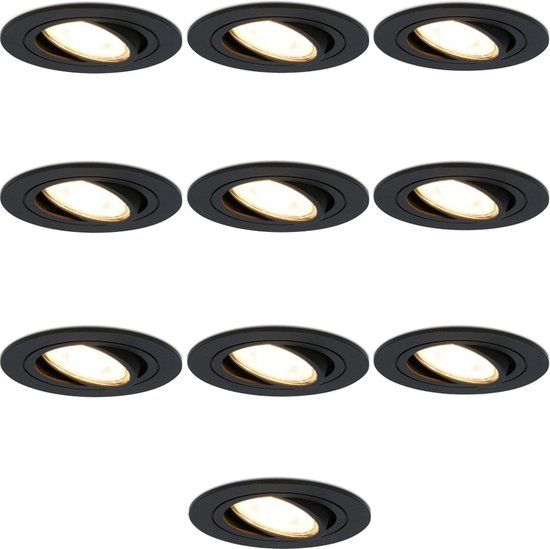 HOFTRONIC 10x LED Inbouwspots - Zwart - 2700K Warm Wit - Dimbaar en Kantelbaar - GU10 - Ø75mm