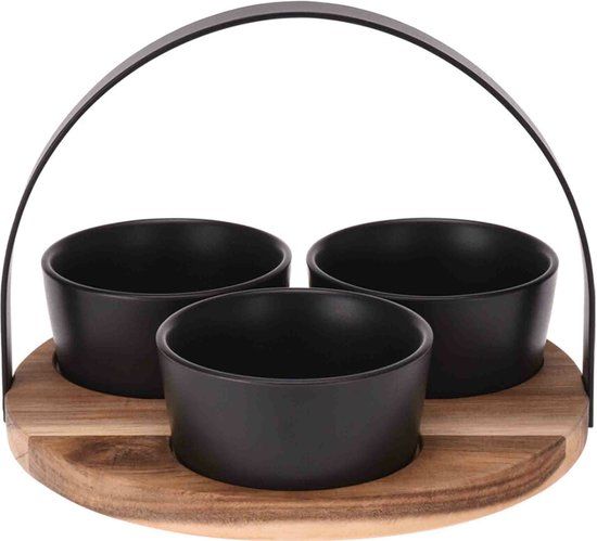 Excellent Houseware Serveerplank - rond - 3 schaaltjes - acaciahout - 22 cm