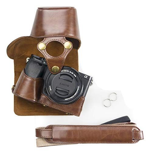 kinokoo PU Lederen Camera Case voor SONY A6300 A6000 en 16-50mm lens met schouderband/reinigingsdoek (koffie)