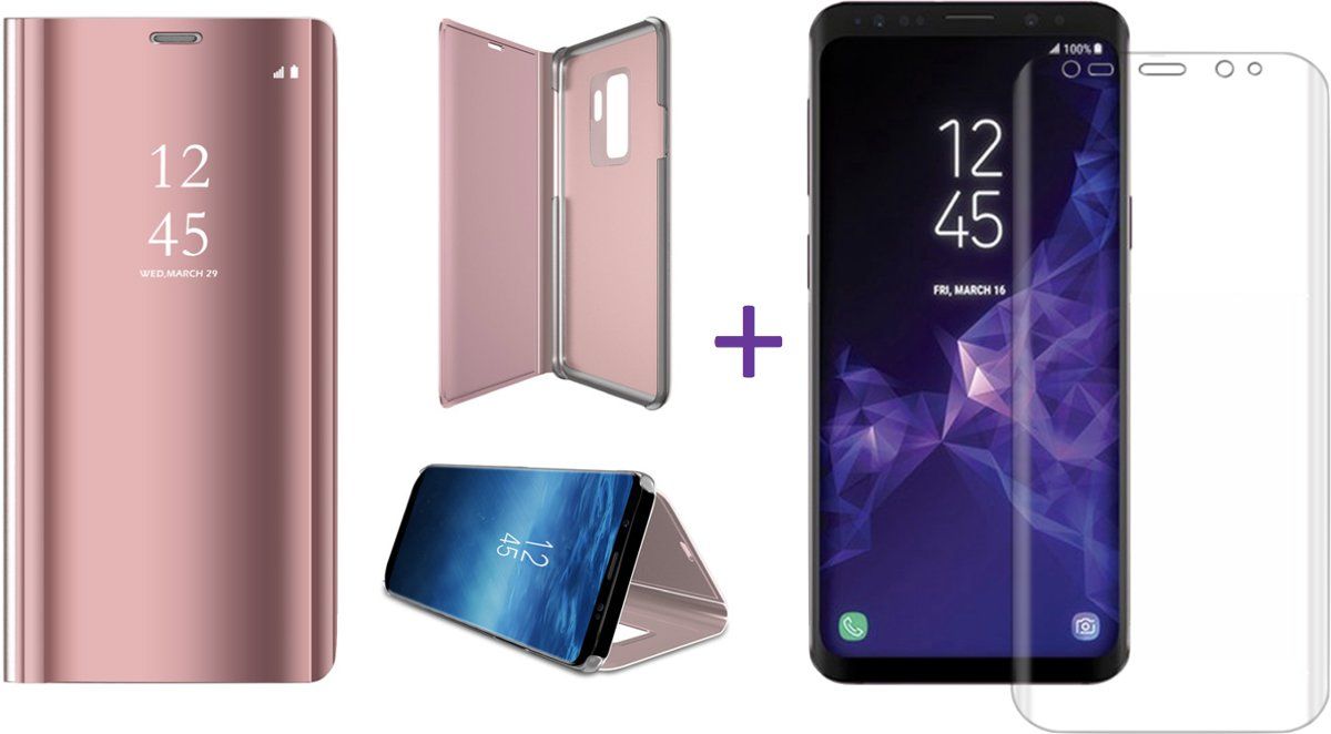 iCall Samsung Galaxy S9 Plus - Lederen Spiegel Wallet Hoesje Roze / Roségoud met Siliconen Houder - Portemonee Hoesje + Glas PET Folie Screen Protector Transparant 0.2mm