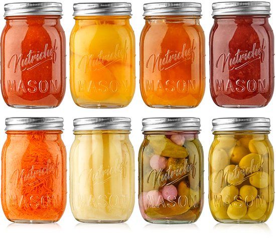 NutriChef Glazen Weckpotten – 8-delige set glazen potten met roestvrijstalen deksels – 473 ml