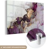 MuchoWow® Glass Painting 90x60 cm - Marble - Abstract - Gold - Purple - Acrylic Glass