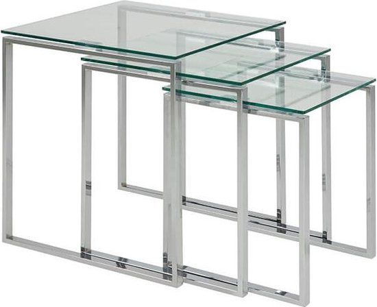 Giga Living Salontafel Jordis - Glas/Zilver Set Van 3 - 50x50x55cm