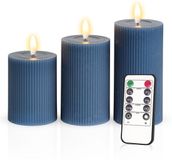 Meisterhome - 3 x Led Stompkaars Ribbel - Blauw - Echte wax - Met afstandsbediening