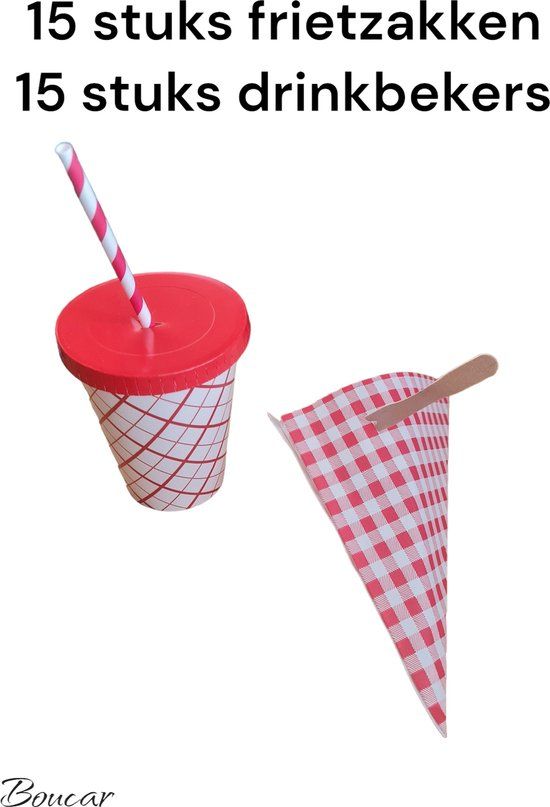 boucar Papieren Frietzakjes Set - 15 stuks + Drinkbekers - Rode Ruitjes