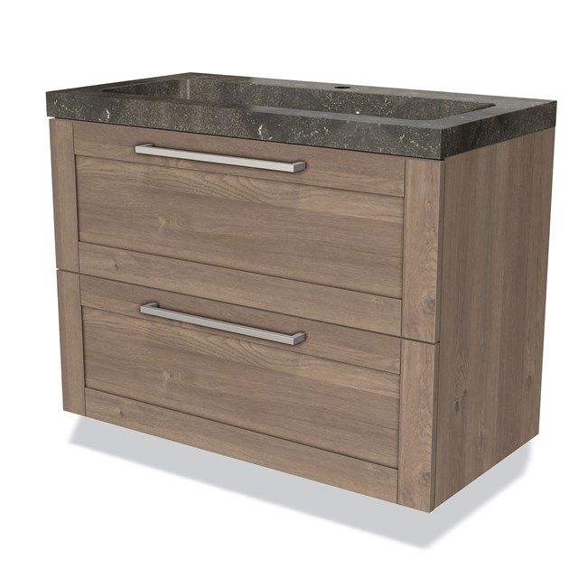 Maxaro Badkamermeubel 90cm Modulo Middenbruin Eiken 2 Lades Lamel Wastafel Natuursteen