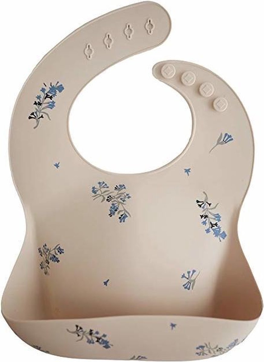 Mushie Siliconen Baby Slabbetje met Opvangbakje | Lilac Flowers | BPA ftalaatvrij| afwasbaar beige