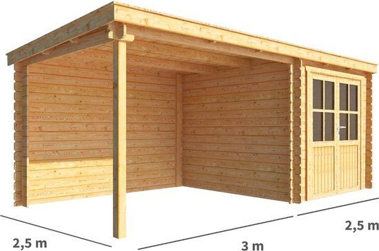Merkloos Blokhut met overkapping Els 550 cm bij 250 cm diep Lessenaarsdak bruin