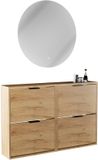Planetmöbel STIVIO - Schoenenkast 60 cm - Goud eiken - Set van 2 met 2 kleppen - LED-spiegel NOVA ⌀ 80 cm