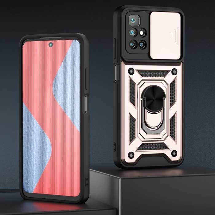 Keysion Keysion Xiaomi Redmi 10 Prime - Armor Hoesje met Kickstand en Camera Bescherming - Pop Grip Cover Case Rose Gold