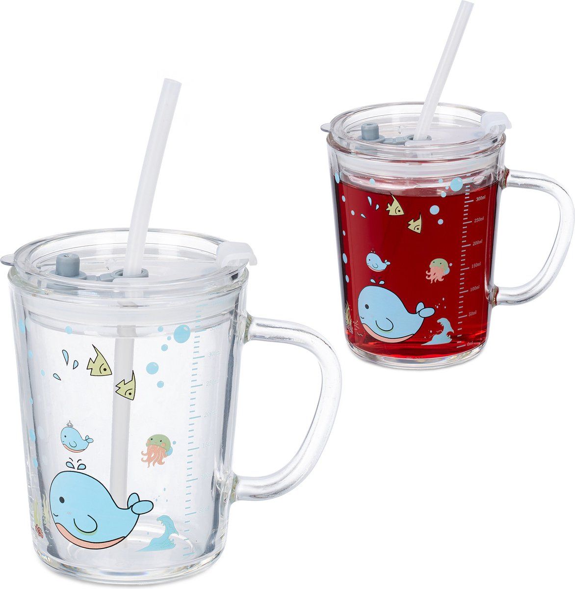 Relaxdays Drinkglazen - Set van 2 - Walvis Design - Kinderglazen - Rietje - Transparant