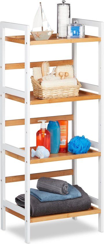 Relaxdays badkamerrek bamboe - opbergrek - staand - wit - 3 legplanken - 45 x 31 x 110 cm