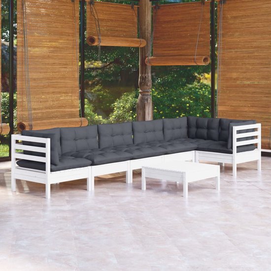 The Living Store Loungebankenset - Grenenhout - Wit - 63.5 x 63.5 x 62.5 cm - 100% polyester