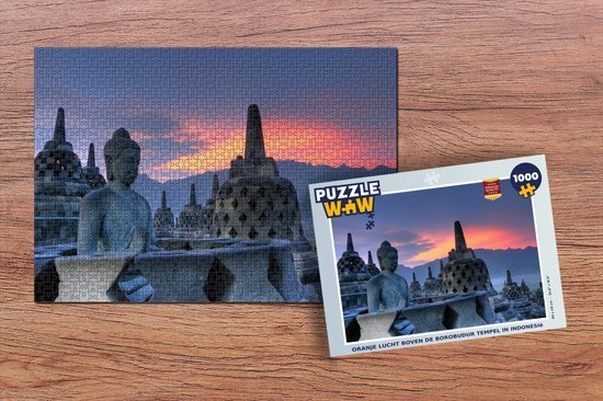 MuchoWow Puzzel Oranje lucht boven de Borobudur tempel in Indonesië - Legpuzzel - Puzzel 1000 stukjes volwassenen