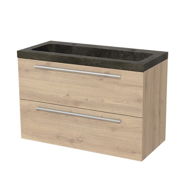 Maxaro Badkamermeubel 100cm Modulo Lichtbruin Eiken 2 lades Vlak Wastafel Natuursteen Blue Stone
