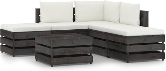 The Living Store Pallet Loungeset - Grenenhout - Hoekbank 69x70x66cm - Middenbank 60x70x66cm - Tafel 60x62x37cm - Cr&#232;mewit kussen