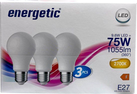 Energetic Lighting 3 x 75 Watt LED Lamp E27 Mat Warm Wit Licht 2700K 9.6W 1055lm F