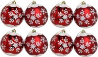 Ger Import 8x stuks gedecoreerde kerstballen rood kunststof diameter 8 cm