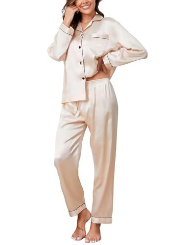 Reliwel Dames Satijnen Pyjama Lange Mouwen Knoopsgat V-hals Tweedelige Zachte Zijden Nachtkleding Klassieke Pyjama Huiskleding Indoor Pyjama Pjs, Champagne, XXL