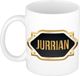 Bellatio Decorations Naam cadeau mok - heren - Jurrian - gouden embleem - 300 ml - meester - bedankje - afscheid
