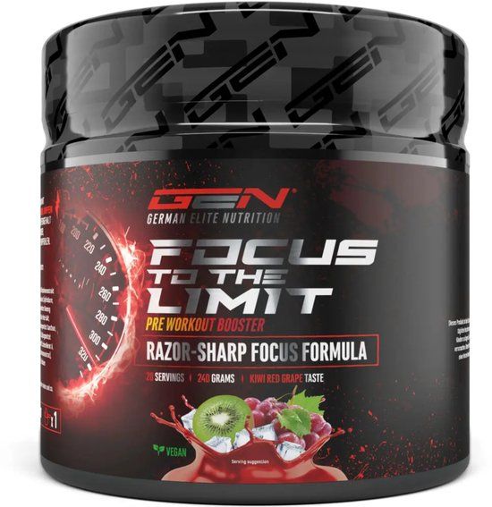 German Elite Nutrition GEN Focus to the Limit – 240 g – Kiwi-Druif smaak – Pre-workout booster met 250 mg cafeïne, ginseng, rhodiola & ginkgo – Met B-vitaminen – Vegan & suikervrij
