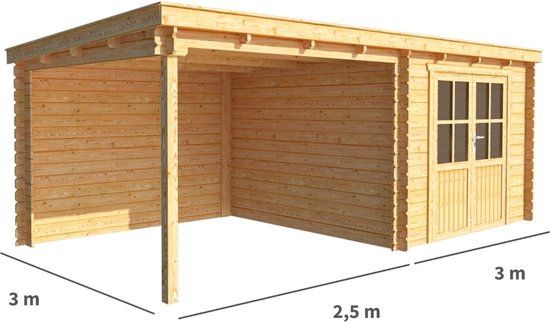 Merkloos Blokhut met overkapping Els 550 cm bij 300 cm diep Lessenaarsdak bruin