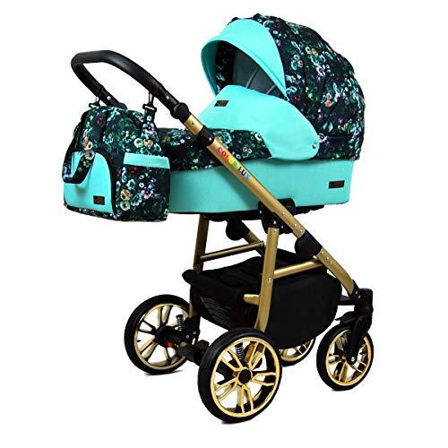 Lux4Kids Kinderwagen 3 in 1 complete set met autostoeltje Isofix babybad babydrager Buggy Colorlux Gold van ChillyKids Green Garden 3in1 (inclusief autostoeltje)