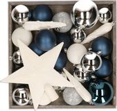 Bellatio Decorations Kerstballen set - 45x st - met ster piek - blauw,wit,zilver - kunststof