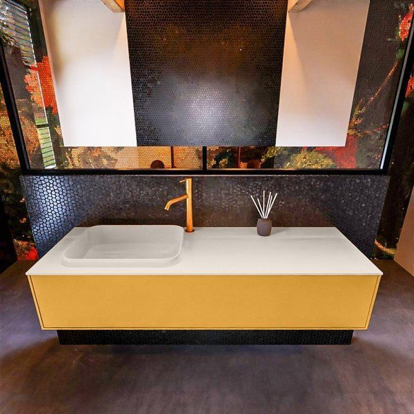 Mondiaz ERIN 150cm badmeubelset Ocher met 1 lade + Wastafel RIDGE links Linen