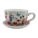 Dekohelden24 Bloempot met handvat van keramiek, bloemenweide, 20 x 15 x 12 cm (b x h)