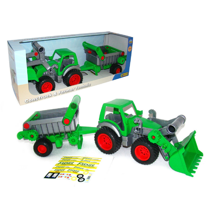 Wader Quality Toys tractor met voorlader en trailer