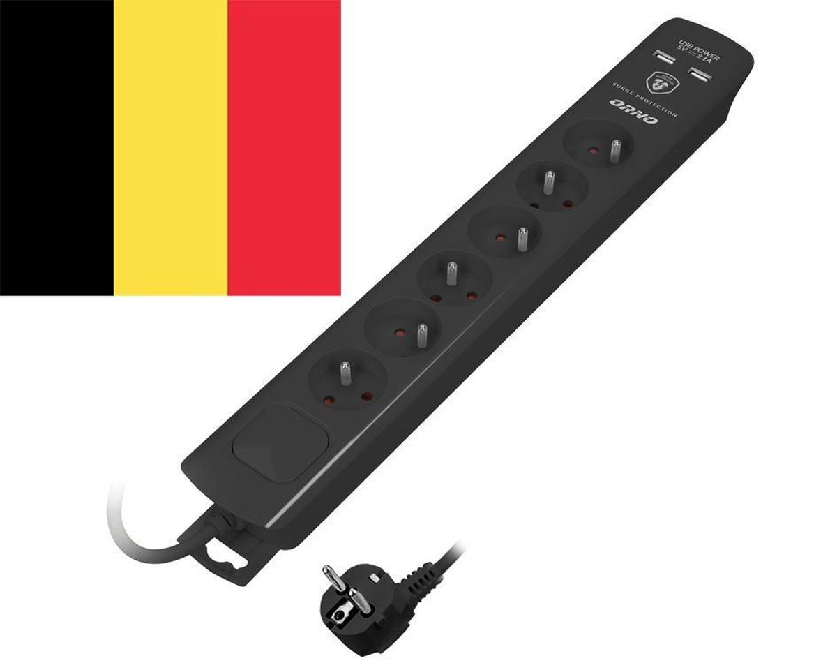 Orno Design stekkerdoos in het zwart - 3 meter kabel - 6 uitgangen en 2 USB-Poorten 2.1A - Type 3 SPD overspanningsbeveiliging - Geschikt voor België