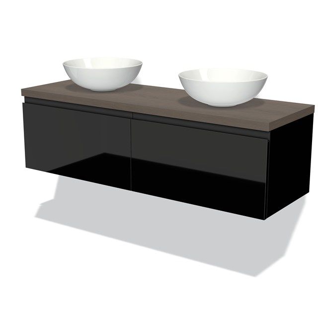 Maxaro Badkamermeubel Modulo Plato 140cm Hoogglans Zwart 2 Lades Greeploos Donkerbruin Eiken Blad