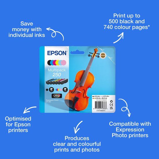 Epson 250 Violin Claria Photo HD inktcartridge 6 stuk(s) Origineel Zwart, Cyaan, Lichtyaan, Lichtmagenta, Magenta, Wit