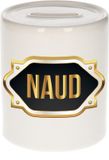 Bellatio Decorations Shoppartners Bv Spaarpot met voornaam Naud - wit - met goud/zwart embleem - 8 x 9 cm - keramiek - met afsluitdop - cadeau verjaardag