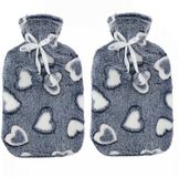 Home & Styling Koopman International Warmwaterkruik - 2x - 2L - grijs/wit - met hoes - hartjes print