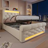 REDOM Opbergbed 90x200 cm – Fluweel – Hydraulisch – LED & USB/Type-C – Incl. matras – Beige – 150 kg