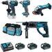 Makita – Lot de 4 outils électroportatifs 18V avec 3 batteries 4Ah – Perceuse DDF458, Meuleuse DGA452, Perforateur DHR202 – DLX4054MX1