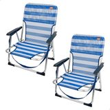AKTIVE Set van 2 klapstoelen, blauw en wit, van textileen en aluminium, vaste rugleuning, 44 x 40 x 72 cm, met schoudergreep en kantelbeveiliging, max. 100 kg, licht en robuust, lage zitting
