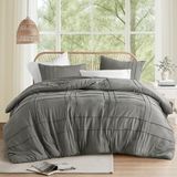 Comfort Spaces Grijze queensize dekbedset - 3-delige Pintuck geplooide boerderij beddengoed sets queensize bed, alle seizoenen, lichtgewicht, katoenachtige zachtheid, voorgewassen microvezel queensize