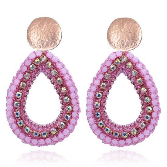 Cilla Jewels Lookinggoodtoday Druppelvormige Oorhangers met Kristal en Touw - Roze