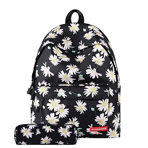 Jian Ya Na meisjes Bloemen Polyester Casual Daypack Rugzak Laptop voor Meisjes, Bonus Potlood Case 11.8" x 6.7" x 15.7" Zwart