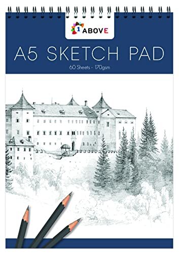 1ABOVE Kunstenaars Schets pad, Spiraal gebonden Schets Pad Schets Papier voor Kunstenaars. Ideaal voor de Studio, School of thuis - 170gsm Cartridge Papier (A5)