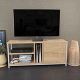 Hanah Home Scandinavische tv-standaard, wit & oak, 120 x 35,3 x 50,8 cm, 100% melamine gecoat particle board, 18 mm dik, stijlvol en functioneel voor moderne woonkamers