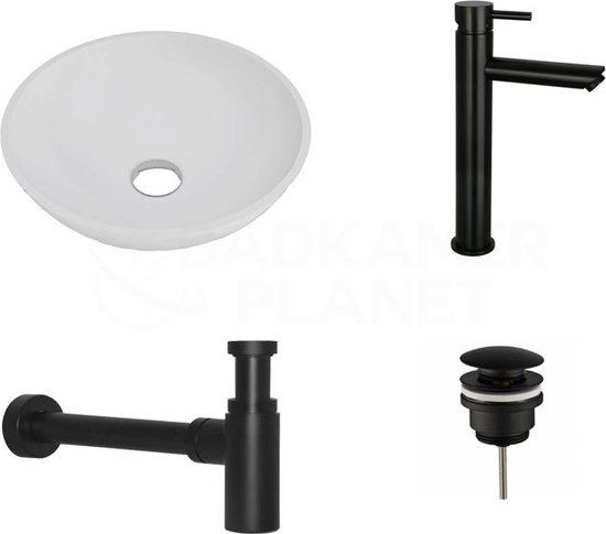 Sani Royal Solid Surface Waskomset Aquino Rond Mat Zwart Opbouwkraan 38x38x12 cm