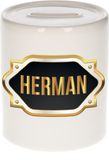 Bellatio Decorations Herman Spaarpot - Wit - Goud/Zwart Embleem - 8 x 9 cm - Keramiek - Afsluitdop