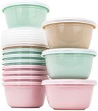 Boîtes de conservation - Set de 12 pièces - Marron, vert, rose - Plastique - Sans BPA - Rond - Couvercle séparé - Lavable au lave-vaisselle - 250 ml